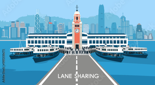 Hong Kong cityscape with ferry terminal and lane sharing concept