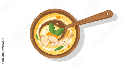 Delicious homemade soup in a pan with spoon and ingredients