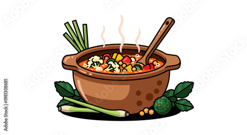 delicious homemade vegetable stew in a clay pot with steam rising