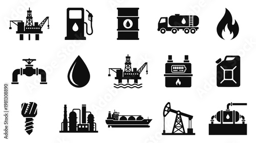 Oil and gas industry flat icon set. Solid black vector symbols for petroleum extraction, energy logistics, refinery infrastructure, and modern industrial UI design.