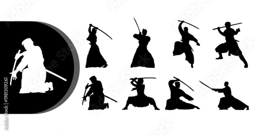 A collection of samurai silhouettes in various fighting poses with swords on a white background
