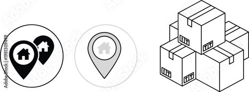 Collection of simple vector icons representing real estate, including location pins with houses, and stacked moving boxes, symbolizing property search and relocation services.