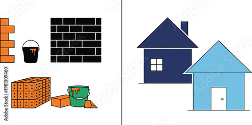 Illustrations of building materials like bricks and paint buckets, alongside simple house outlines, symbolizing home construction, renovation, DIY projects, and property development.