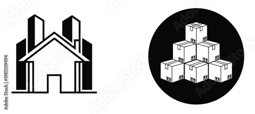 Stylized architectural building icon and a stack of moving boxes in a black circle, representing property development, real estate investment, and the process of relocation or shipping.