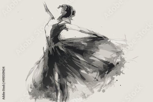 Elegant ballerina in a dynamic pose captured in a grayscale sketch