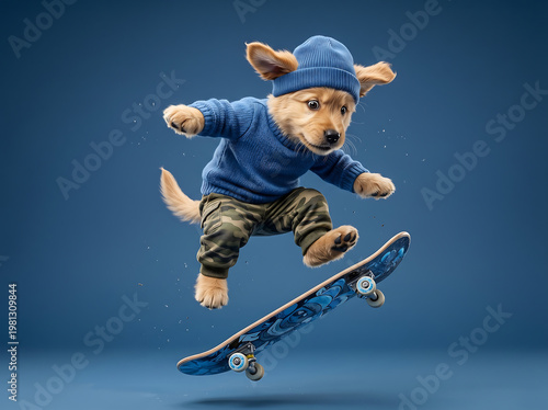 Cute puppy skateboarding performing mid air trick on blue background