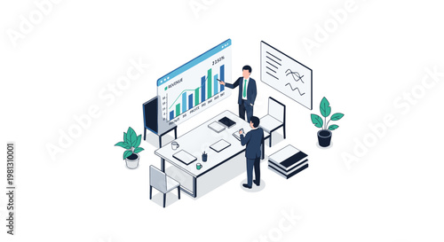 Business professionals conduct a formal strategy meeting while presenting revenue growth charts on a large digital screen in a modern conference room setting.