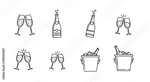 Set of celebratory champagne icons including bottles and clinking glasses