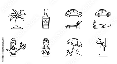 Collection of tropical vacation and leisure icons with palm trees and vintage cars
