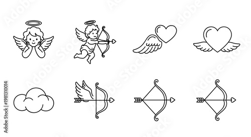 Collection of cute cupid and love icons with bows, arrows, and hearts