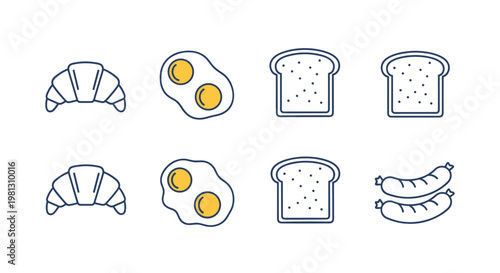 Simple line art icons of breakfast food items arranged in a grid pattern