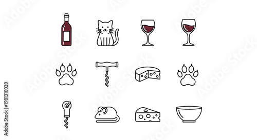 Cute icons of wine, cheese, cat, mouse, paw prints, and corkscrew
