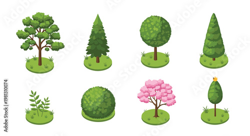 Isometric garden collection features blooming cherry blossoms and spherical topiary bushes alongside evergreen conifers on circular grassy display bases.