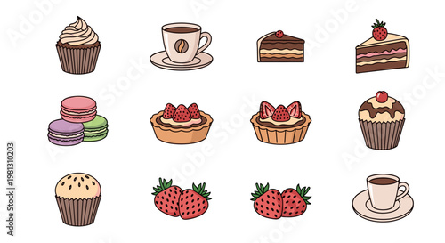 Collection of delicious pastries and coffee cups, perfect for a sweet treat