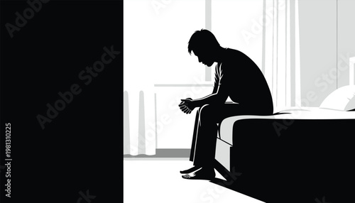 Depressed man sitting on bed in bedroom, sad male silhouette with insomnia and mental health concept