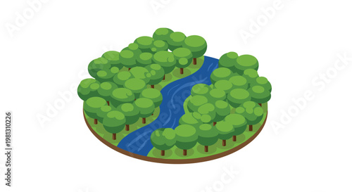 Isometric circular patch of a lush green forest with a winding blue river flowing through the dense canopy of trees on a clean white background surface.