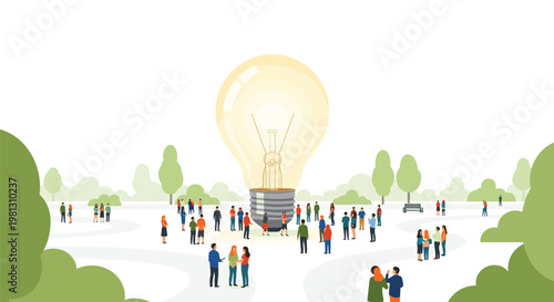 Large central lightbulb standing in a lush park setting surrounded by a diverse crowd of people walking on winding paths under a soft natural daylight.