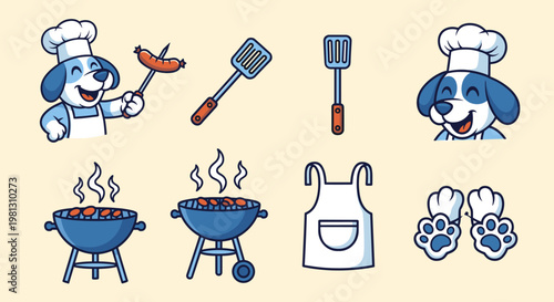 Cute cartoon dog chef with grilling tools and barbecue elements