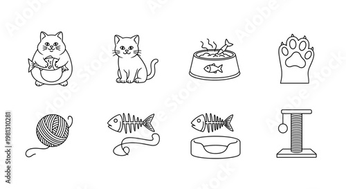Cute cartoon cat icons featuring food, toys, and accessories for pets