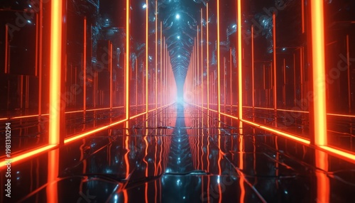 Abstract digital tunnel with glowing orange vertical lines and reflective floor. Geometric patterns and light create sense of infinite depth. Futuristic cyberspace or data stream.
