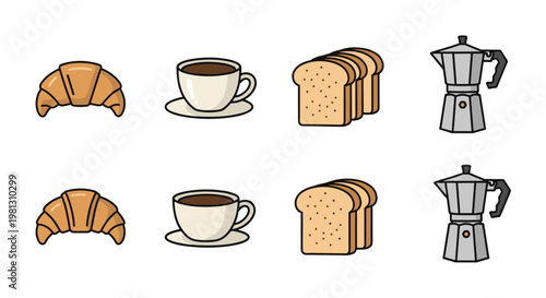 Simple breakfast icons: coffee, croissants, toast, and moka pot