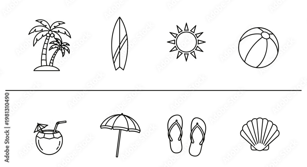 Fototapeta premium Collection of simple line art icons representing summer vacation and beach activities