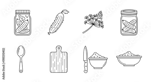 Pickling ingredients and tools for homemade preserved cucumbers and dill