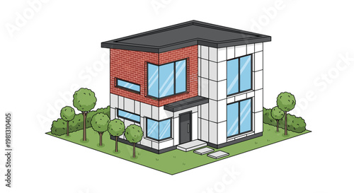 Sophisticated two-story house featuring a red brick and white tiled exterior with a flat roof and large windows set within a small green garden area.