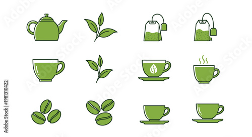Collection of green tea and coffee icons, including cups, teapots, and beans