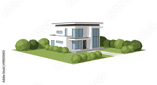 Elegant two-story modern house with a white facade and large windows situated on a plot with a landscaped garden featuring spherical green shrubbery.