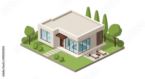 Contemporary single-story house with a flat roof and expansive glass walls featuring a relaxing patio area surrounded by manicured trees and greenery.