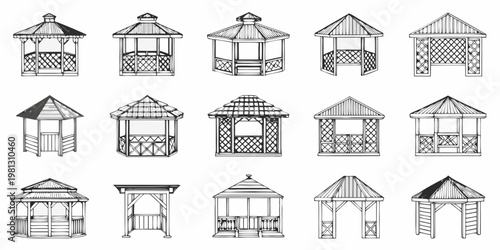 Collection of various gazebo designs in black and white line art