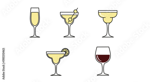 Collection of five different cocktail and wine glasses with drinks