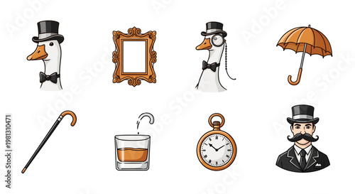 Gentlemanly icons featuring ducks, a man, and accessories