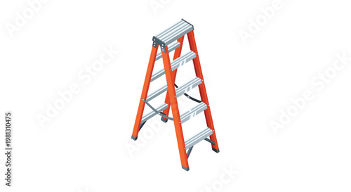 Textured orange and silver step ladder positioned at a high angle to showcase the top platform and non-slip step surfaces on a bright white backdrop.