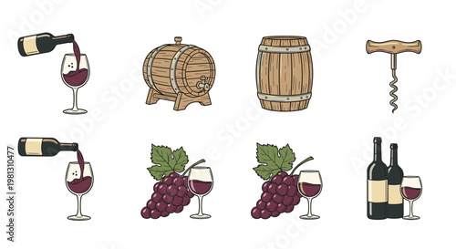Collection of wine-related icons including bottles, grapes, barrels, and corkscrew