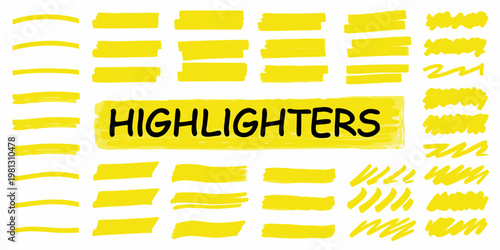 Collection of vibrant yellow highlighter strokes and the word highlighters