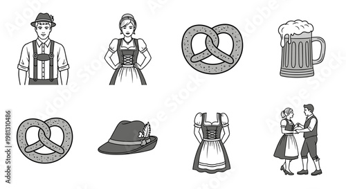 Oktoberfest icons featuring traditional German clothing, pretzels, and beer