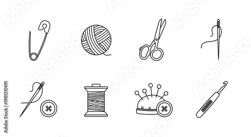 Collection of sewing and crafting tools in a simple line art style