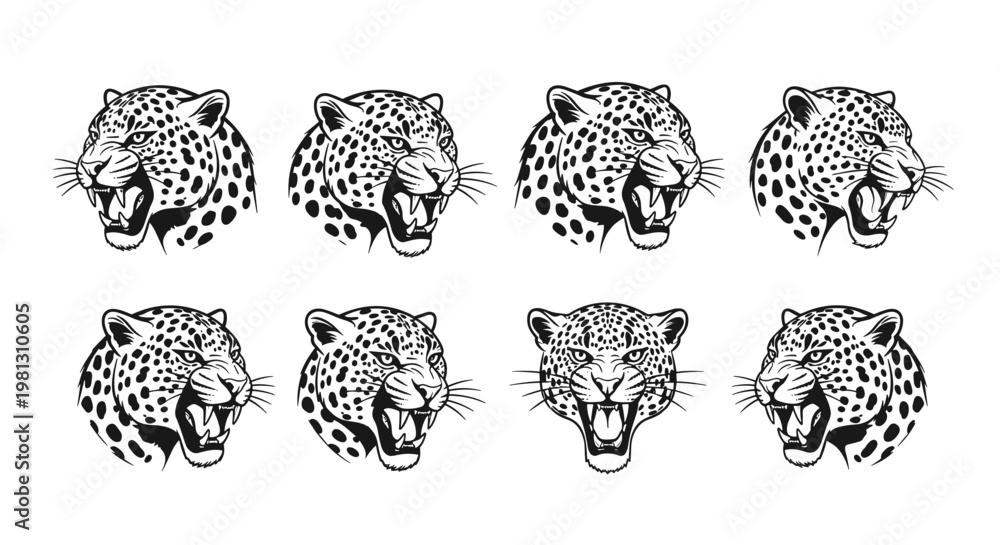Obraz premium Set of fierce leopard head illustrations with open mouths and sharp teeth