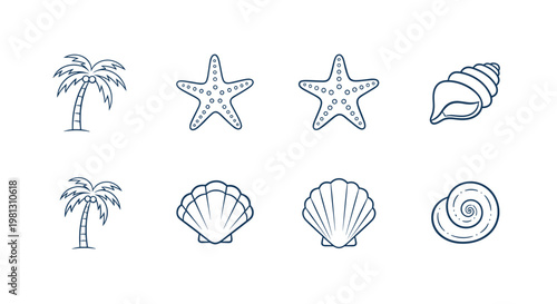 Collection of simple line art icons representing tropical beach elements