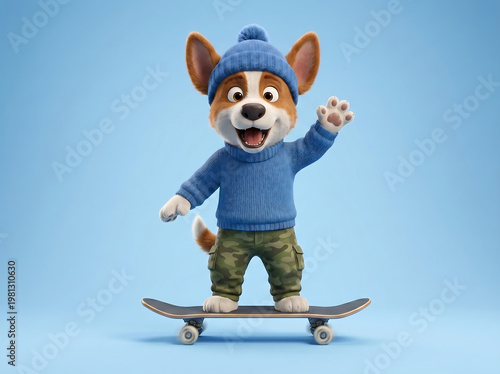 Cute puppy waving while standing on skateboard on blue background