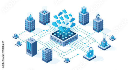 Central server processor integrates multiple cloud icons and security locks within a complex blue isometric network diagram in a bright digital space.