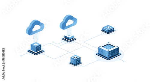 Dual cloud computing icons connect to a central server hub via intricate circuit lines in a serene blue isometric digital landscape with soft glow.
