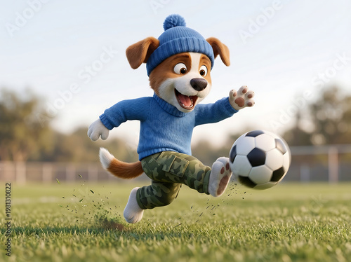 Cute puppy playing soccer and kicking ball on grass field