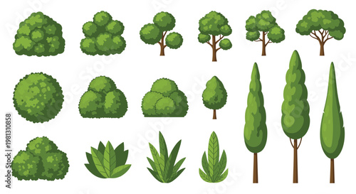 Diverse collection of vibrant green foliage shapes including round bushes and tall cypress trees arranged neatly on a crisp white background for design.