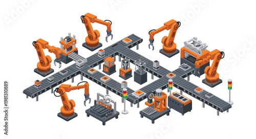 Orange robotic arms perform intricate assembly tasks on an isometric grid conveyor system featuring metallic platforms and glowing signal lights throughout.