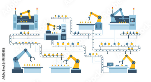 Yellow robotic arms execute complex sorting and assembly operations across a multi-level conveyor belt network in a bright industrial production facility.