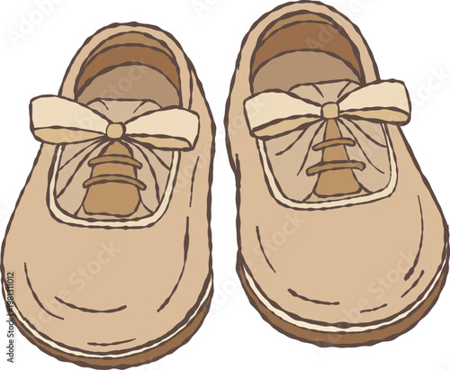 Vintage baby girl shoes in soft beige tones, hand-drawn doodle illustration. Classic leather baby shoes with a bow, inspired by traditional Mary Jane style. Delicate and timeless design for newborns.