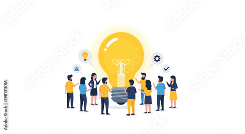 Diverse professionals collaborate around a massive glowing yellow lightbulb while floating icons illustrate strategic business planning and innovation.